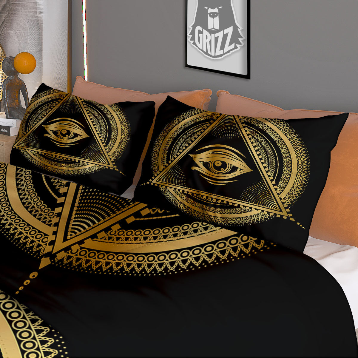 Eye of Providence Gold And Black Print Duvet Cover Bedding Set