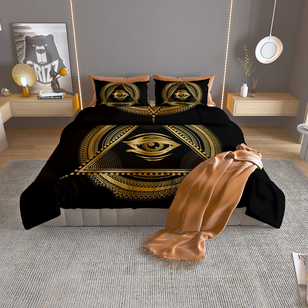 Eye of Providence Gold And Black Print Duvet Cover Bedding Set