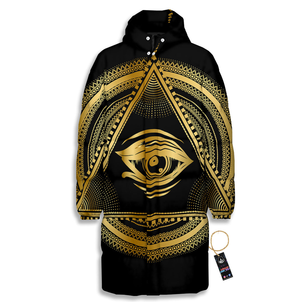 Eye of Providence Gold And Black Print Long Down Jacket