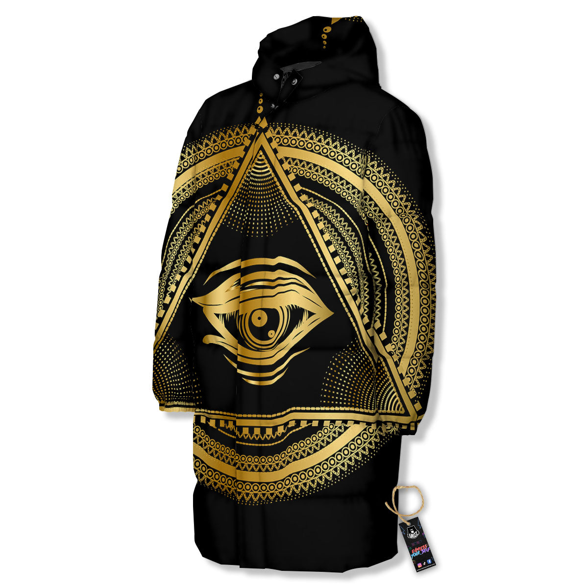 Eye of Providence Gold And Black Print Long Down Jacket