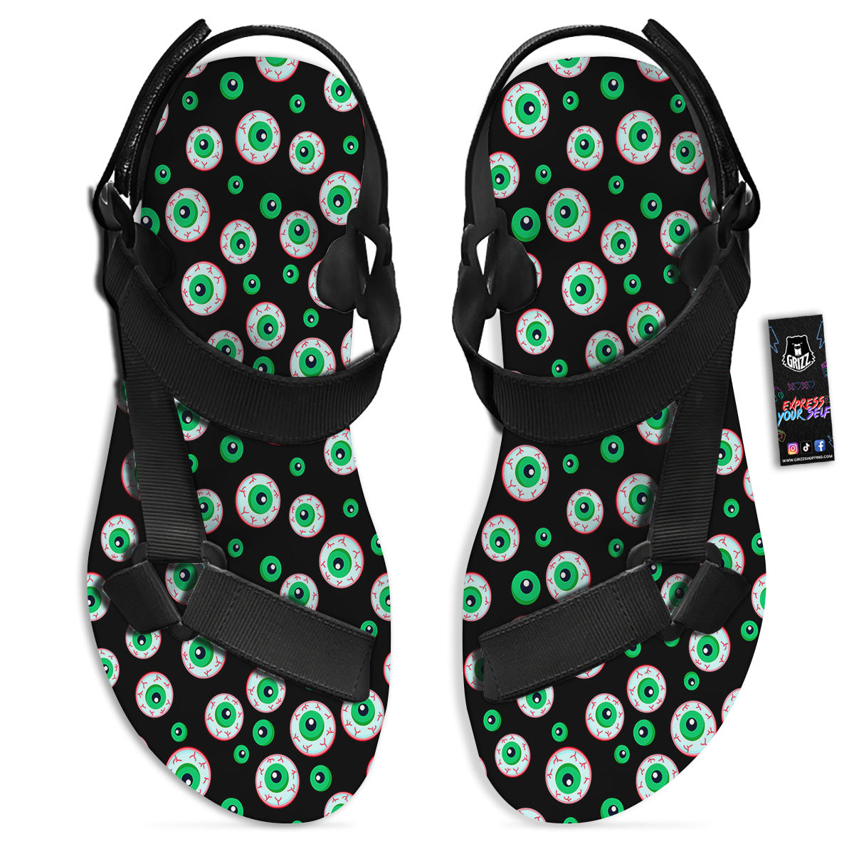 Eyeball Creepy Print Pattern Black Open Toe Sandals-grizzshop