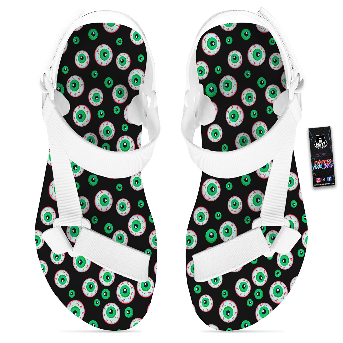 Eyeball Creepy Print Pattern White Open Toe Sandals-grizzshop