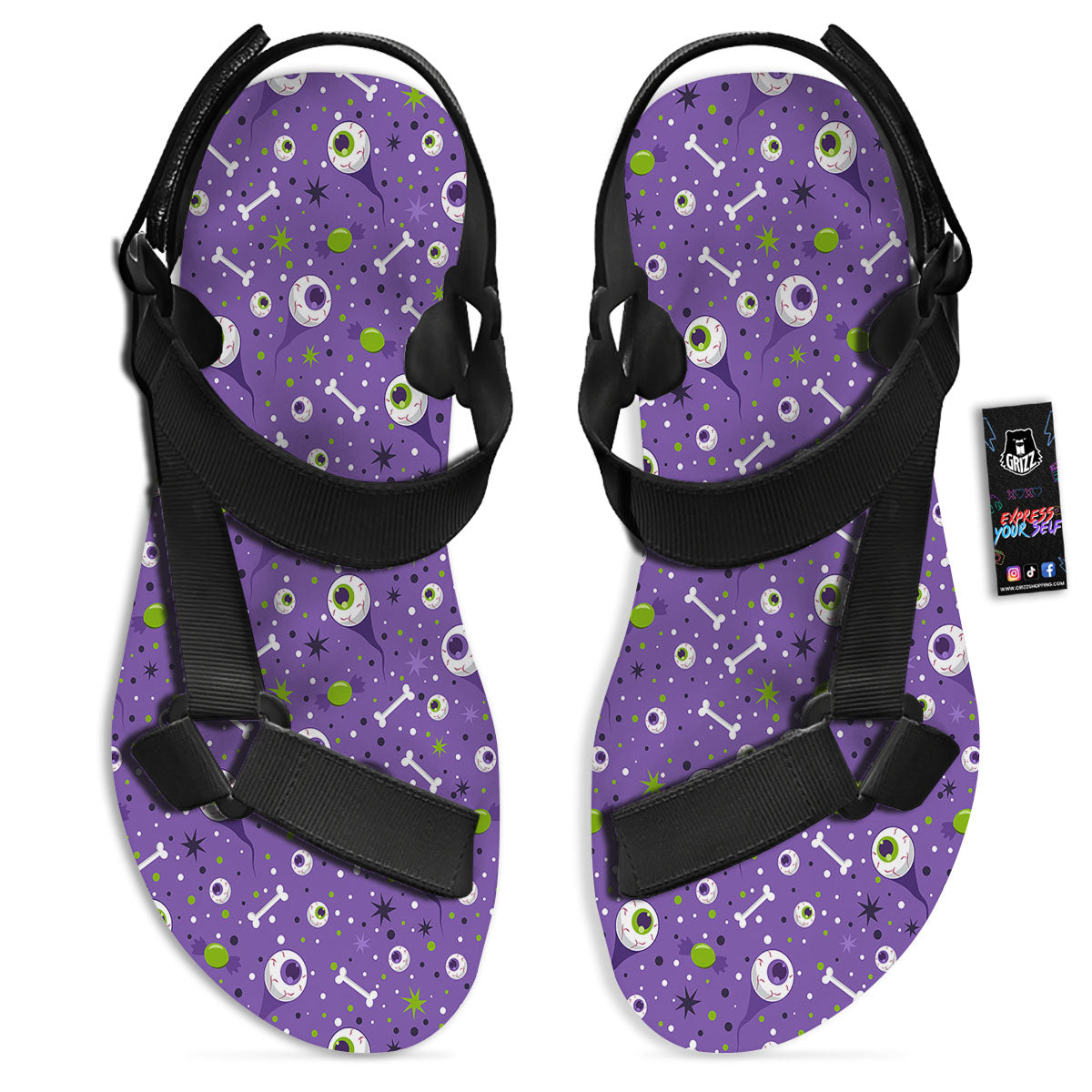 Eyeball Halloween Print Pattern Black Open Toe Sandals-grizzshop