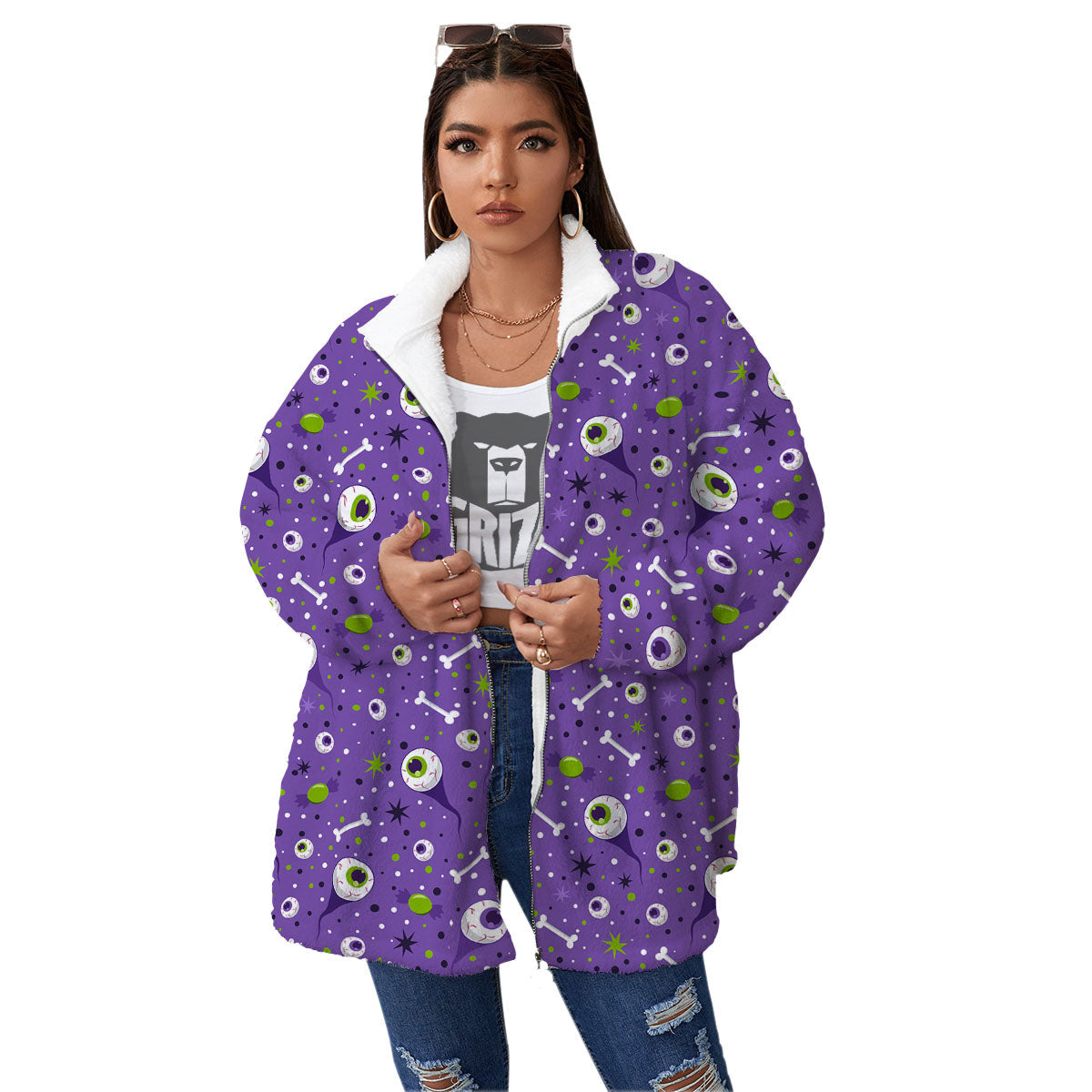 Eyeball Halloween Print Pattern Women's Sherpa Jacket-grizzshop