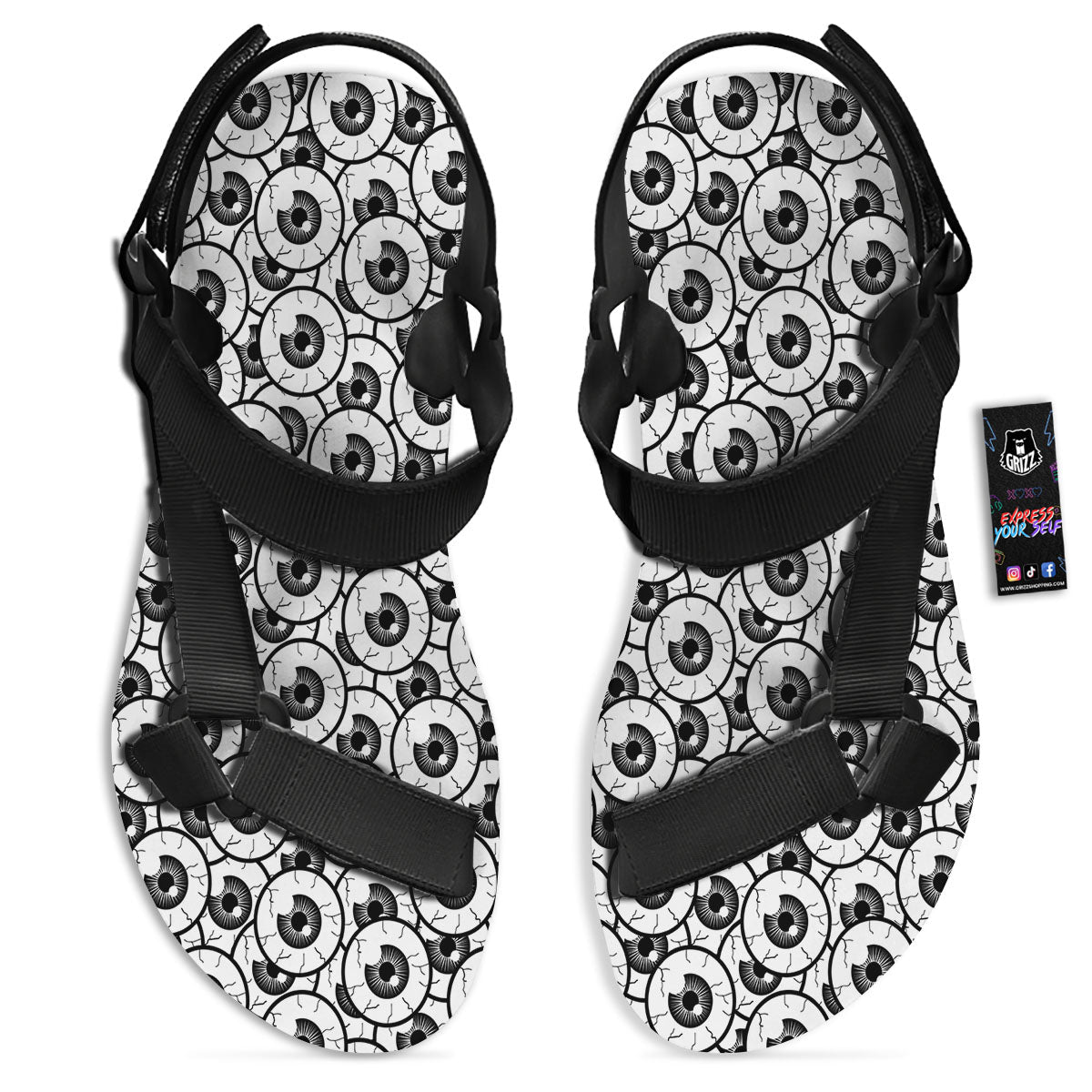 Eyeball Print Pattern Black Open Toe Sandals-grizzshop
