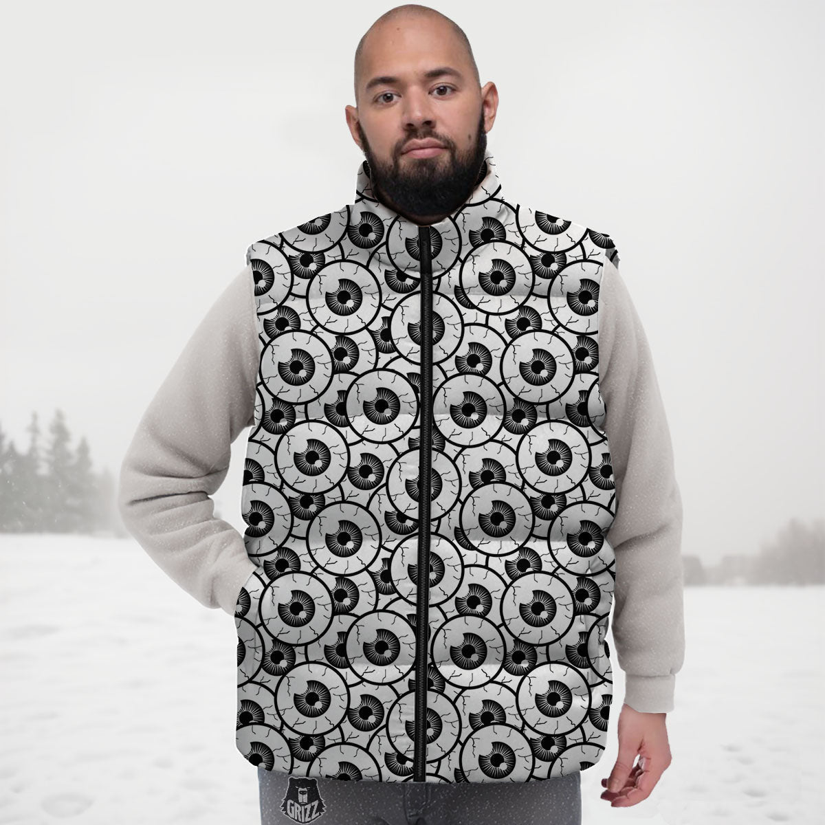 Eyeball Print Pattern Down Vest-grizzshop