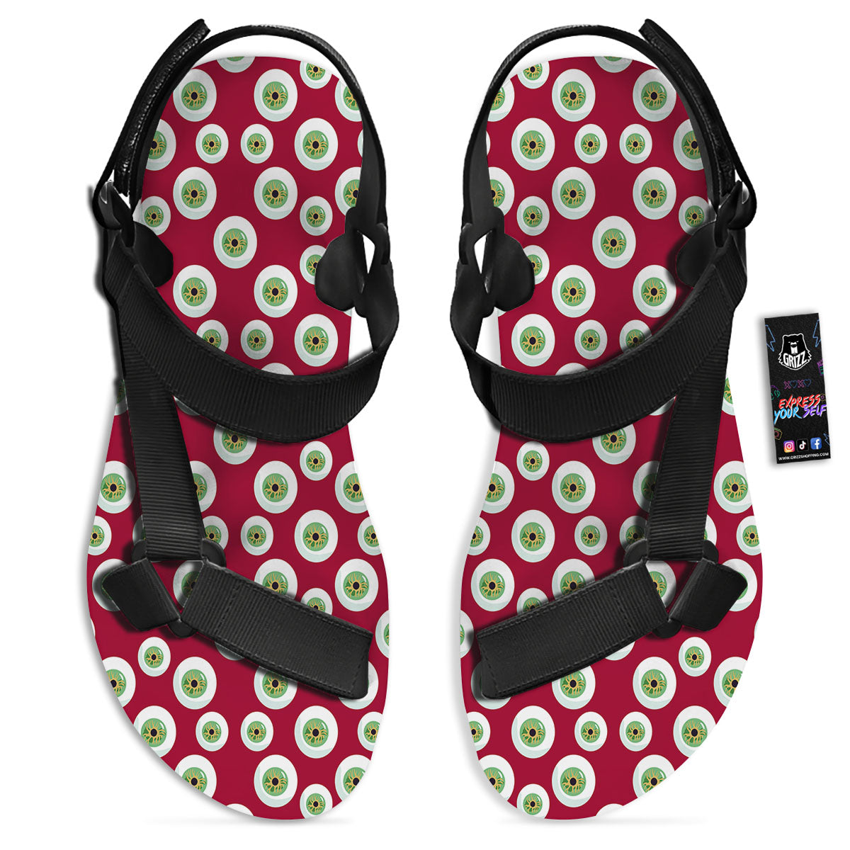 Eyeball Red Creepy Print Pattern Black Open Toe Sandals-grizzshop