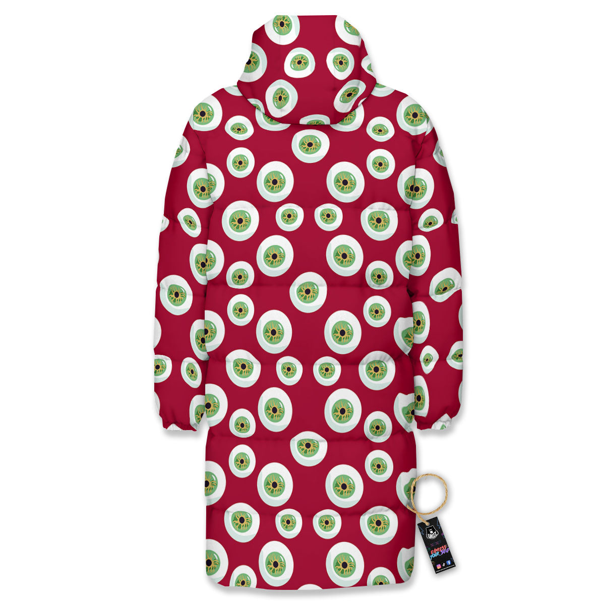 Eyeball Red Creepy Print Pattern Long Down Jacket-grizzshop