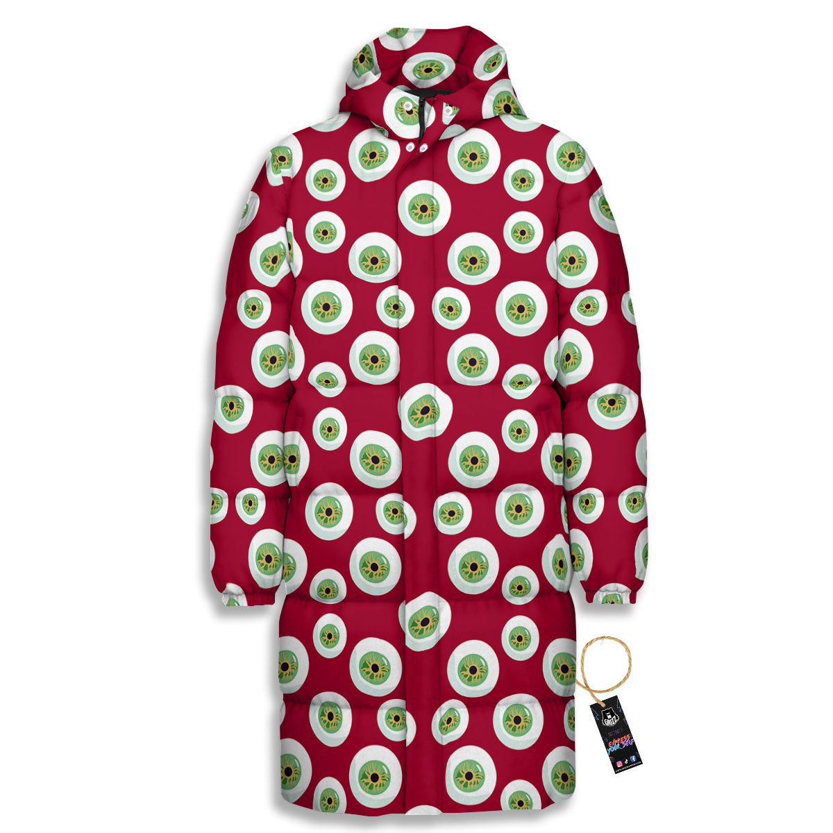 Eyeball Red Creepy Print Pattern Long Down Jacket-grizzshop