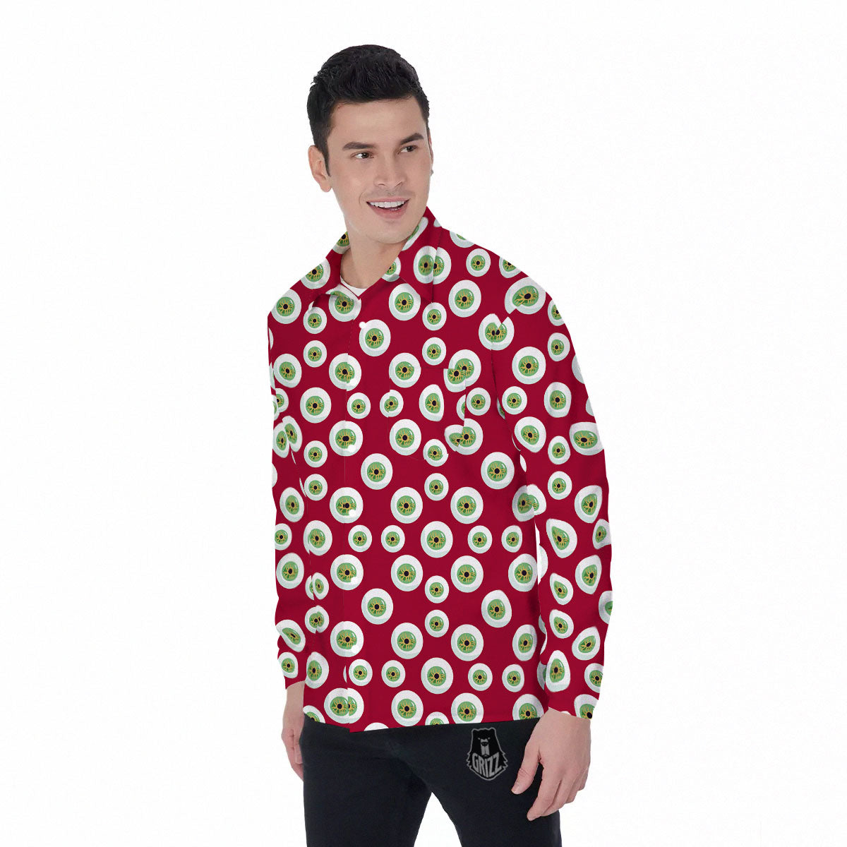 Eyeball Red Creepy Print Pattern Men's Long Sleeve Shirts-grizzshop