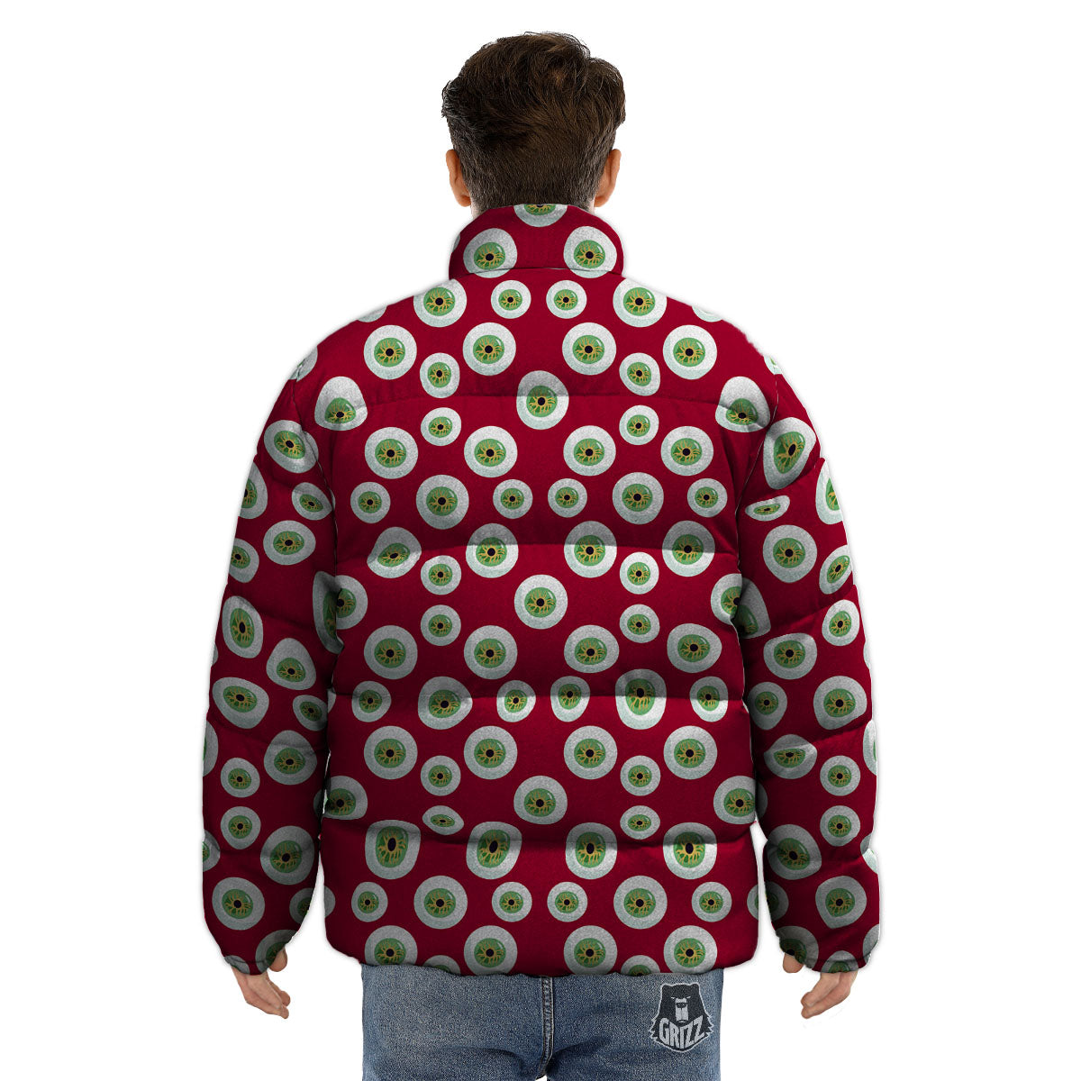 Eyeball Red Creepy Print Pattern Puffer Jacket-grizzshop