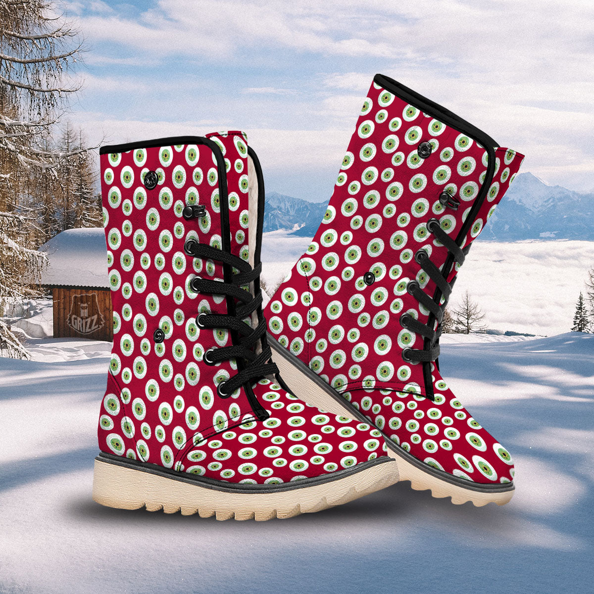 Eyeball Red Creepy Print Pattern Snow Boots-grizzshop