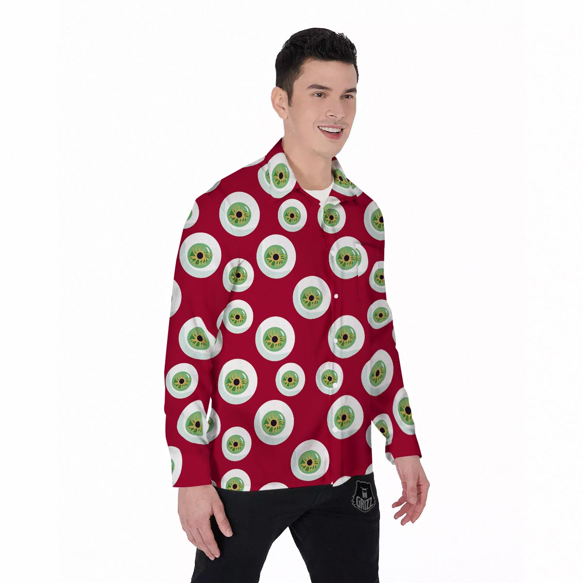 Eyeball Scary Red Print Pattern Men's Long Sleeve Shirts-grizzshop