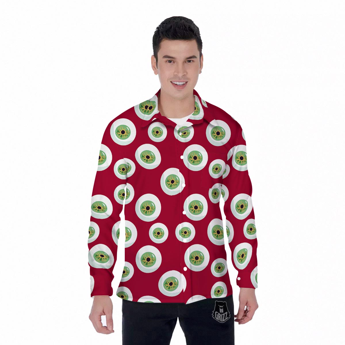 Eyeball Scary Red Print Pattern Men's Long Sleeve Shirts-grizzshop