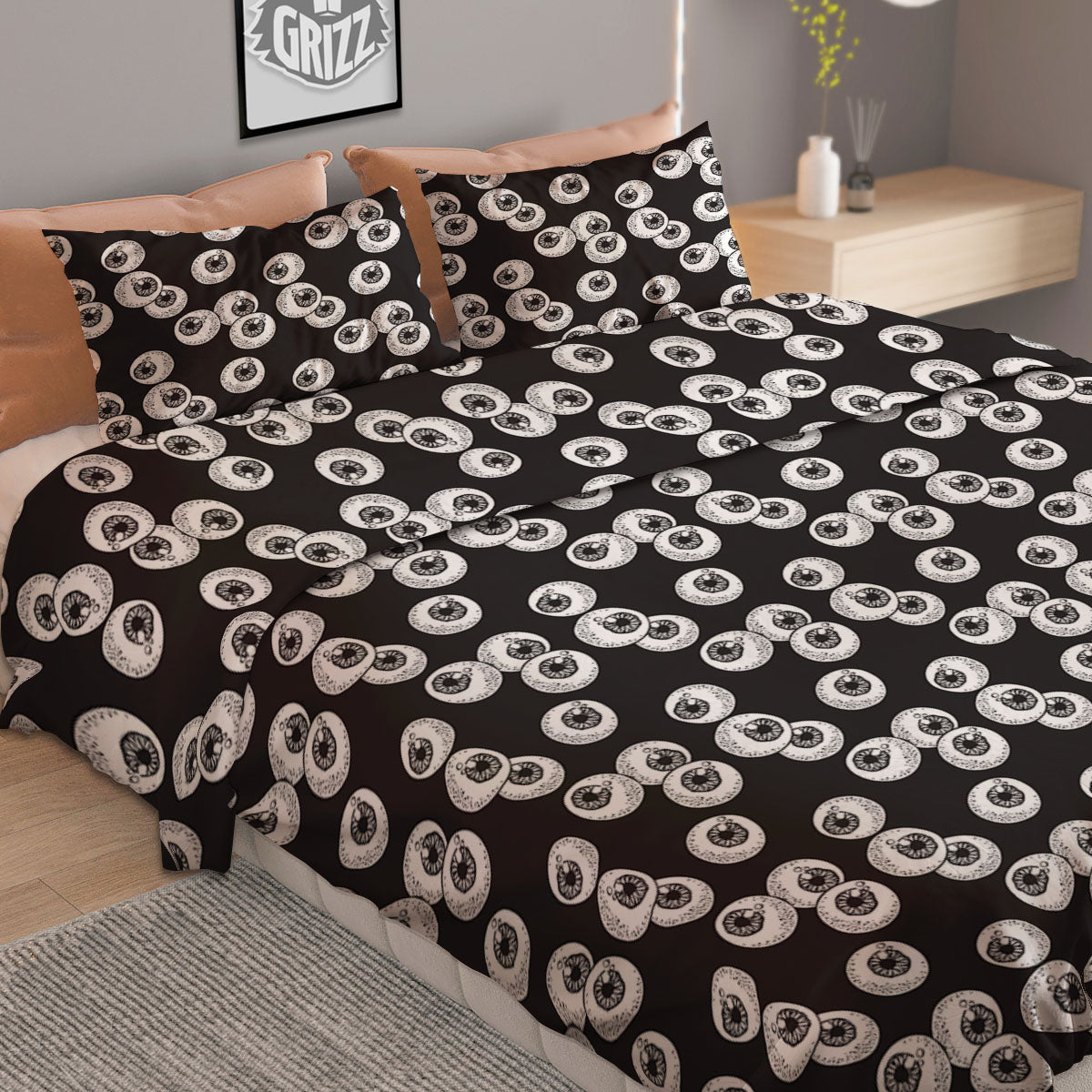 Eyeball White And Black Print Pattern Duvet Cover Bedding Set