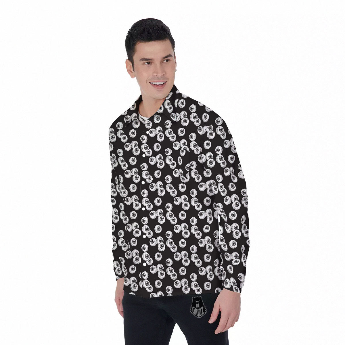 Eyeball White And Black Print Pattern Men's Long Sleeve Shirts-grizzshop