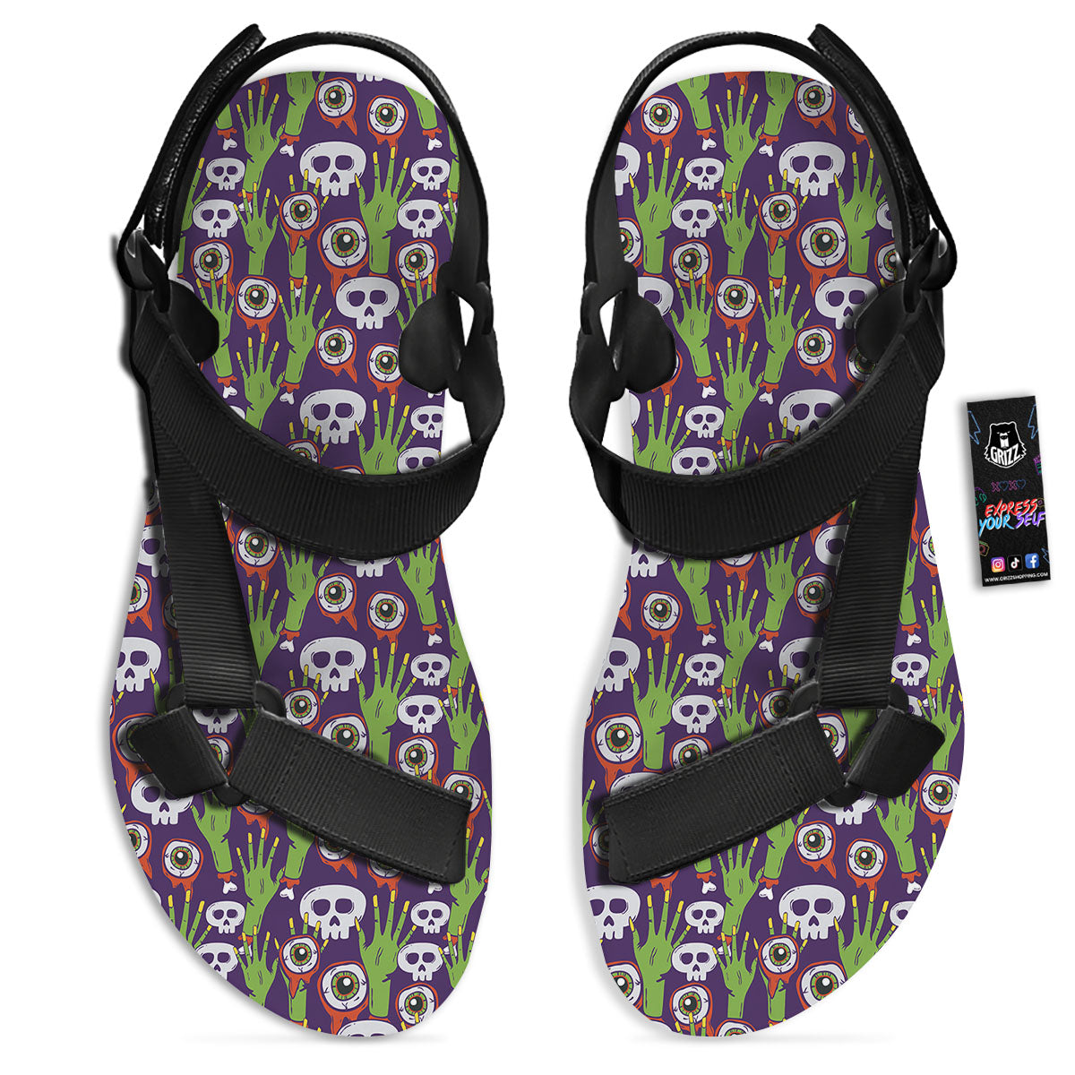 Eyeball Zombie Print Pattern Black Open Toe Sandals-grizzshop