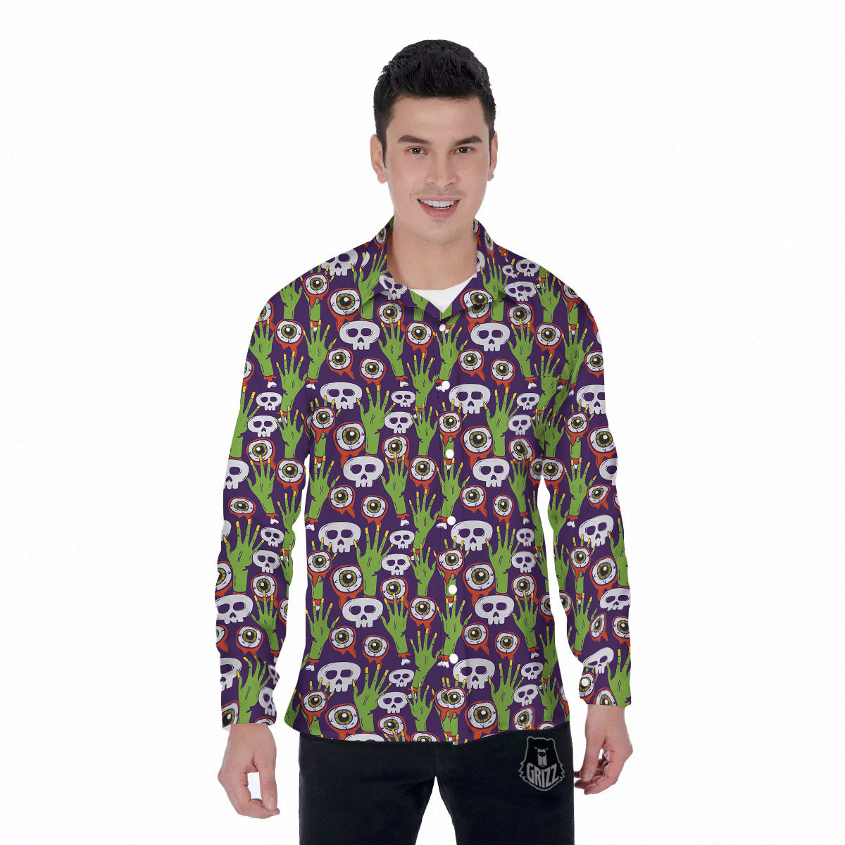 Eyeball Zombie Print Pattern Men's Long Sleeve Shirts-grizzshop