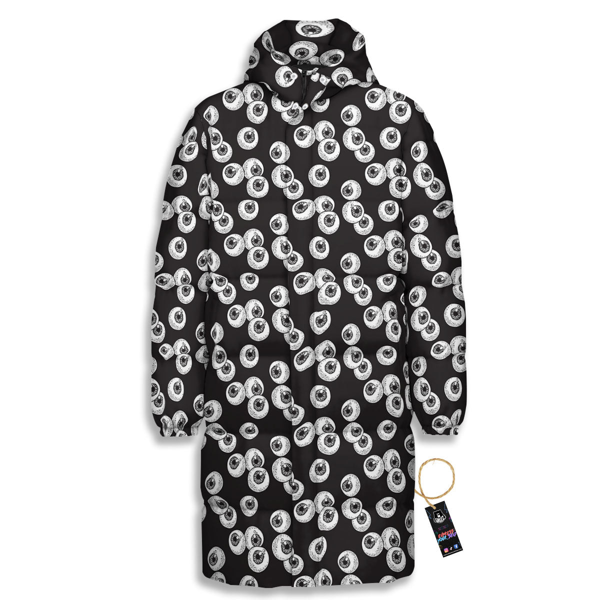 Eyeball White And Black Print Pattern Long Down Jacket