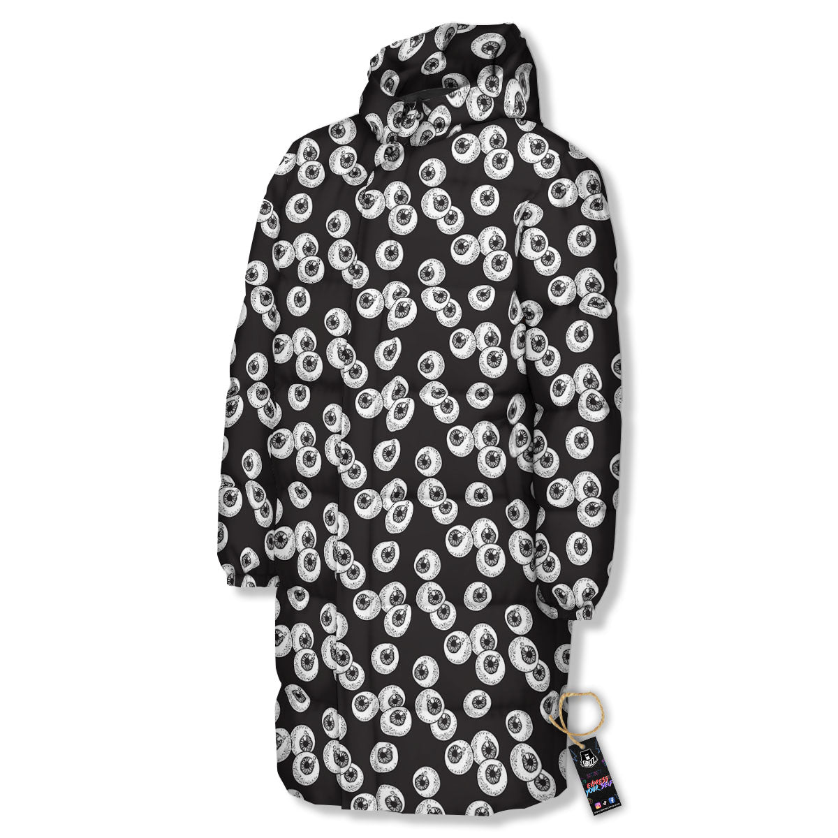 Eyeball White And Black Print Pattern Long Down Jacket