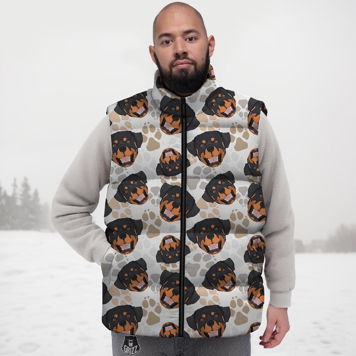 Face Rottweiler Print Pattern Down Vest-grizzshop
