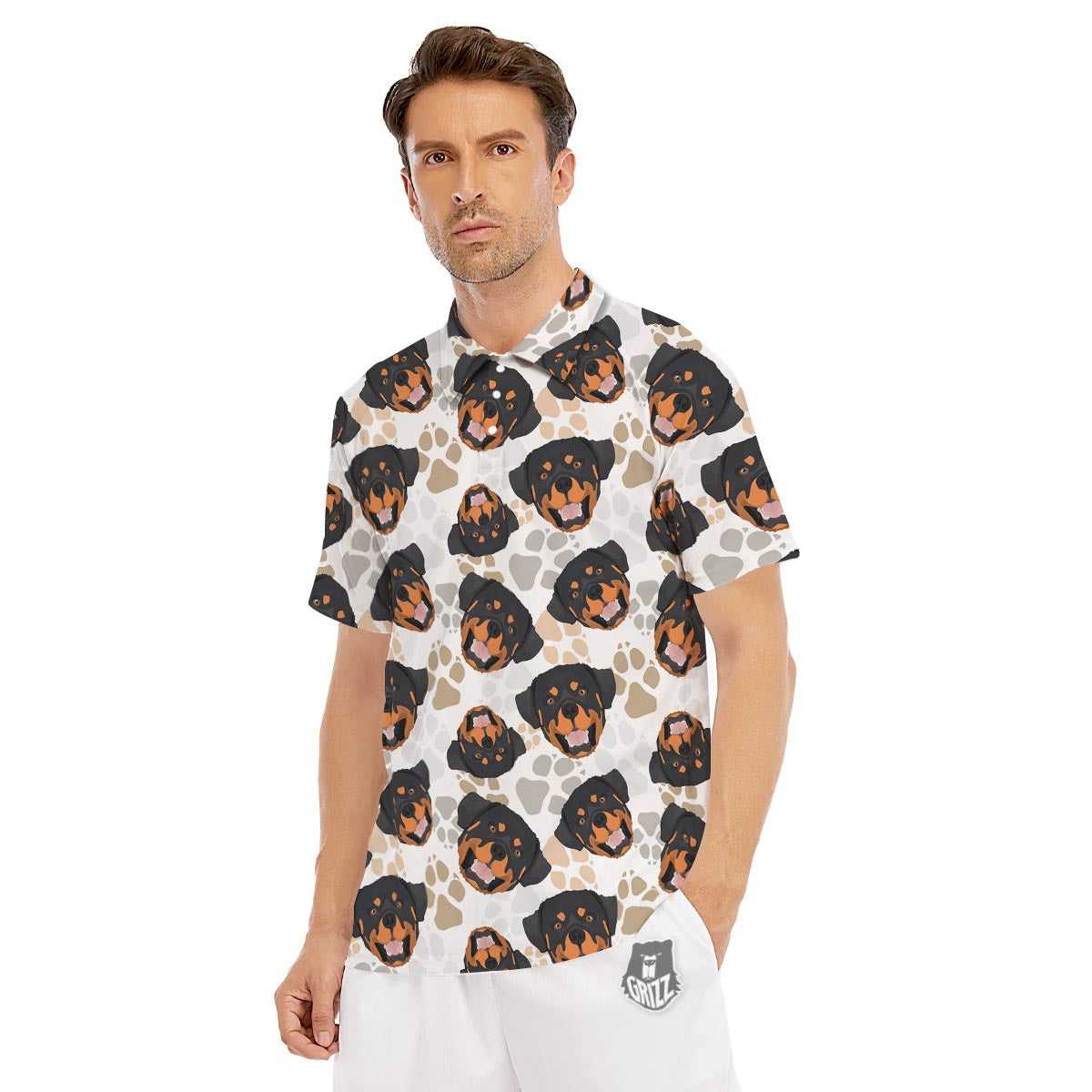 Face Rottweiler Print Pattern Men's Golf Shirts-grizzshop