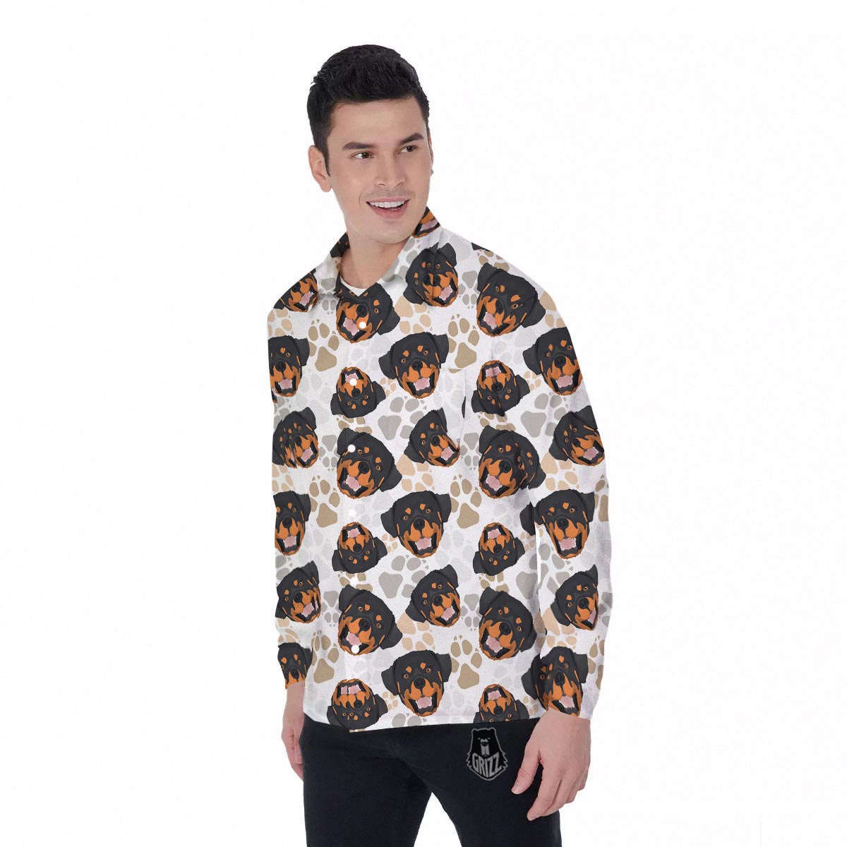 Face Rottweiler Print Pattern Men's Long Sleeve Shirts-grizzshop