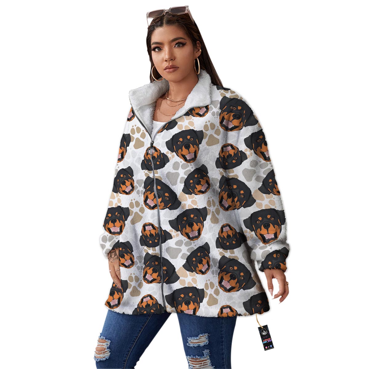 Face Rottweiler Print Pattern Women's Sherpa Jacket-grizzshop