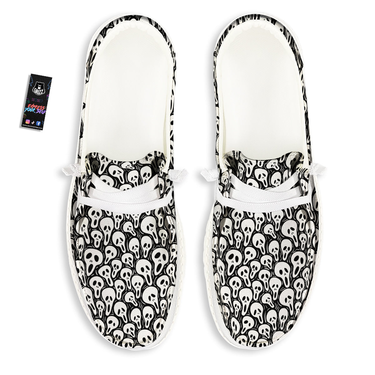 Face Scary Print Pattern White Loafers-grizzshop