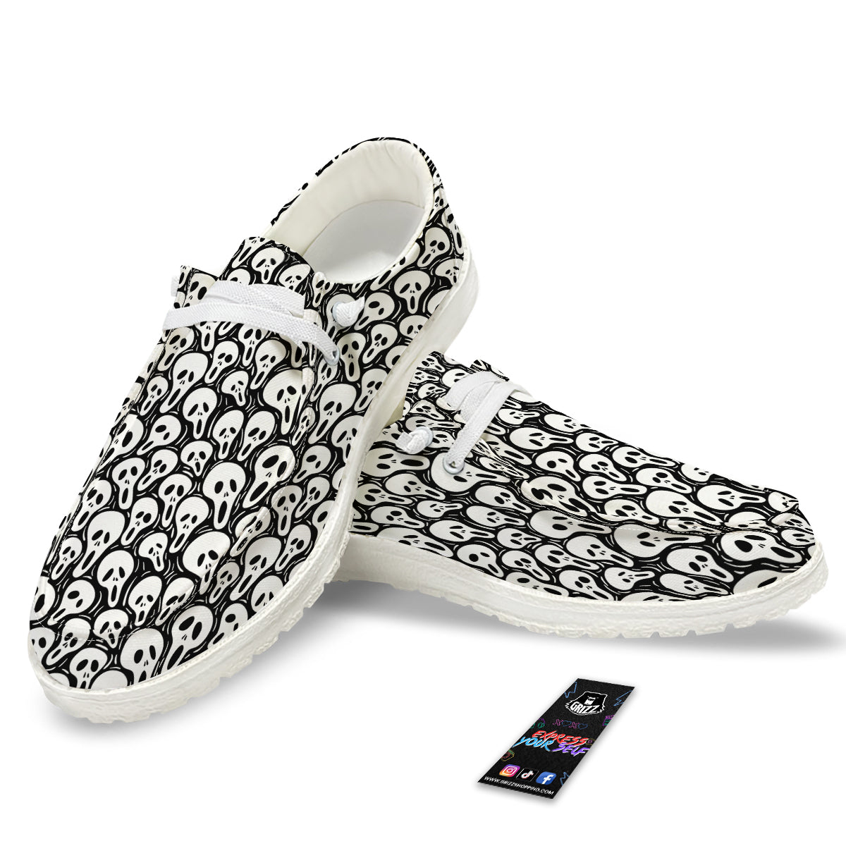 Face Scary Print Pattern White Loafers-grizzshop