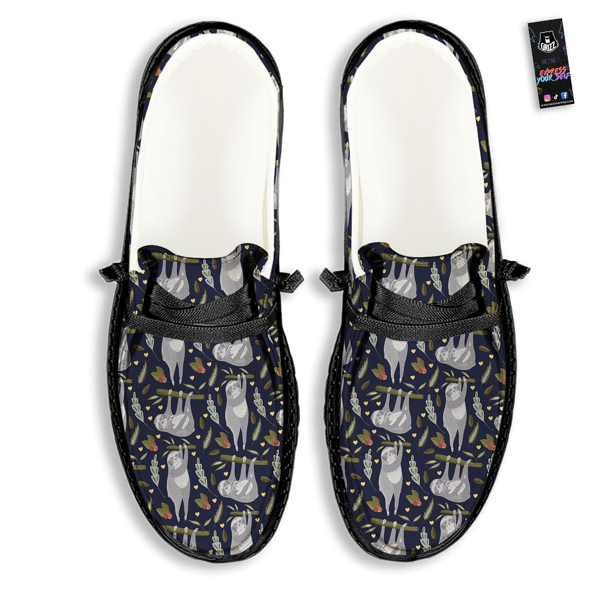 Family Sloth Print Pattern Black Loafers-grizzshop