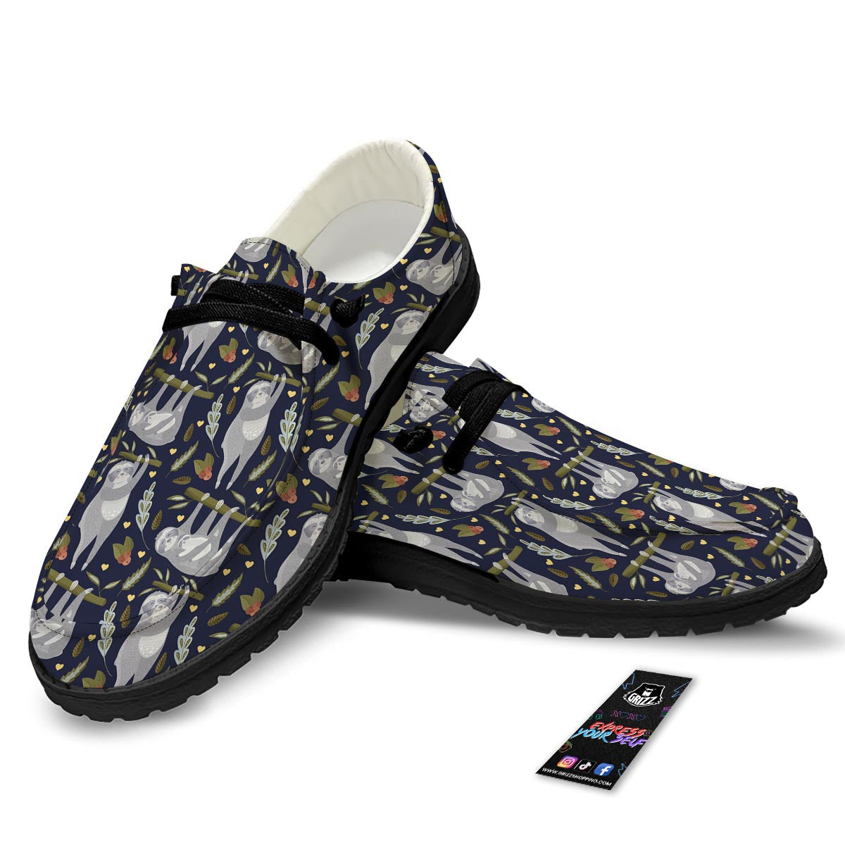 Family Sloth Print Pattern Black Loafers-grizzshop