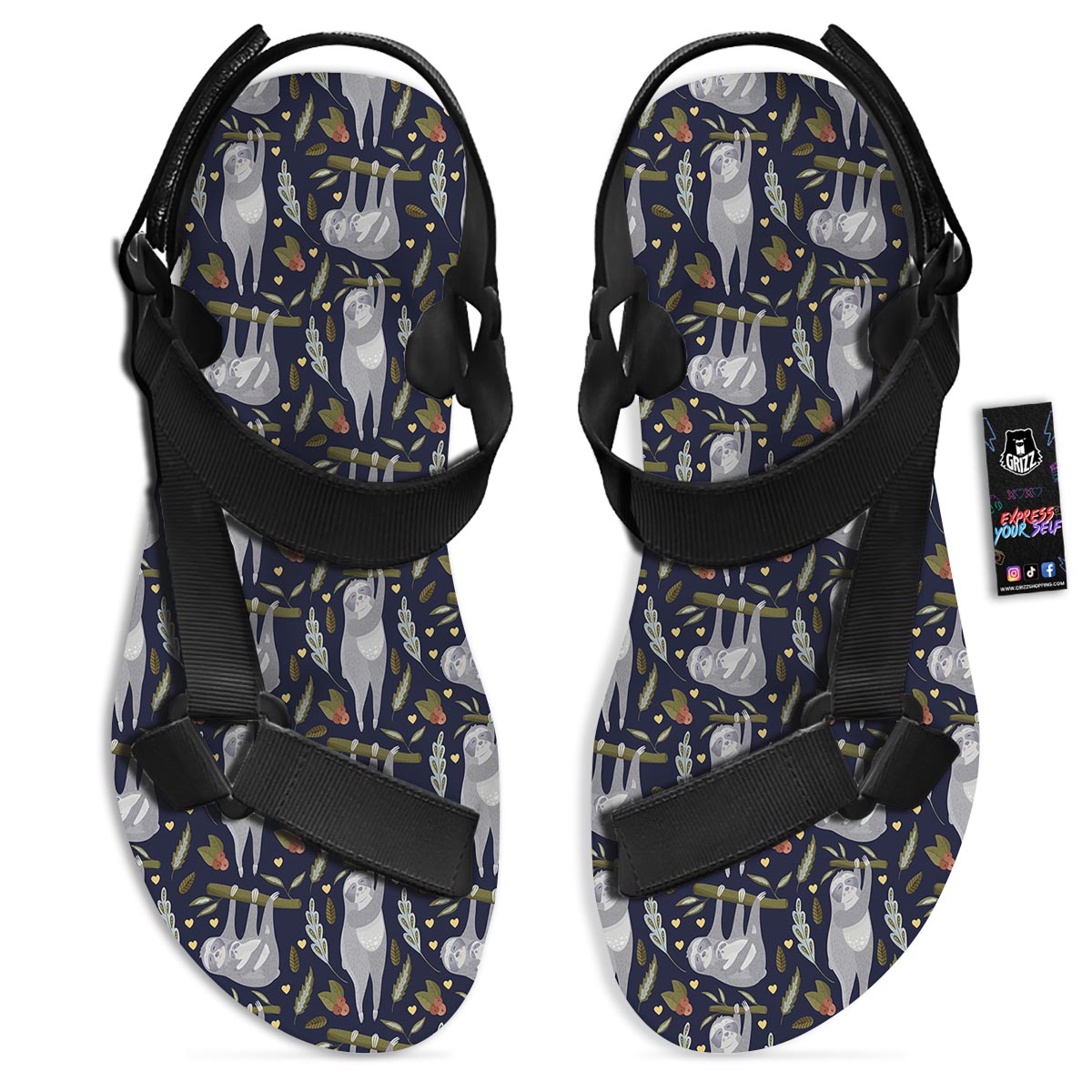 Family Sloth Print Pattern Black Open Toe Sandals-grizzshop