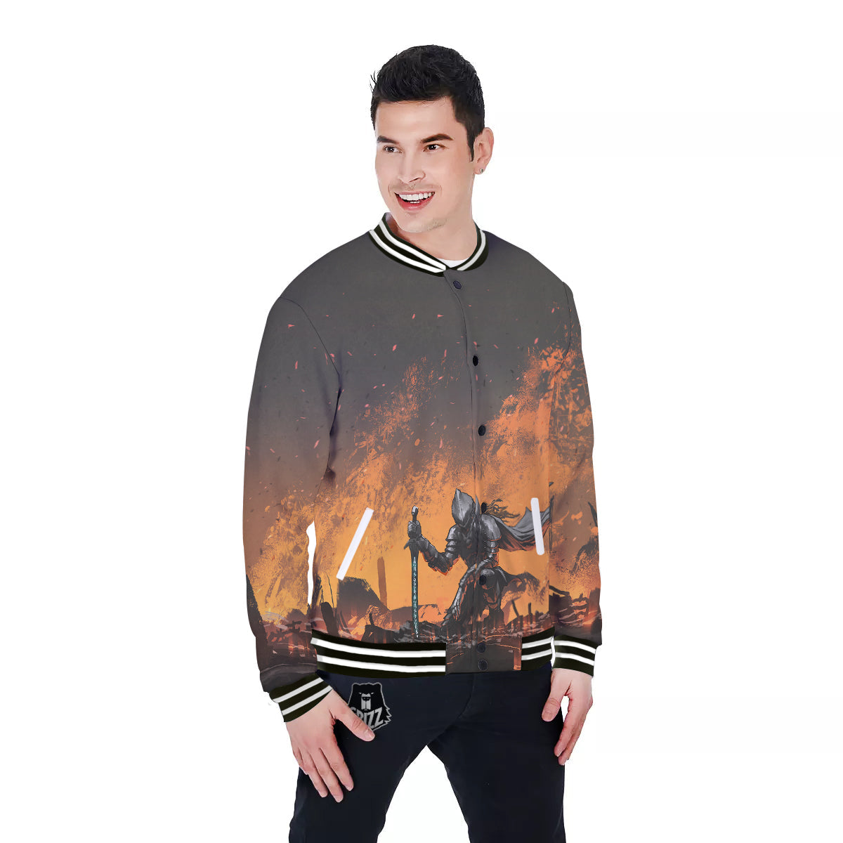 Fantasy Knight On Fire Print Baseball Jacket-grizzshop