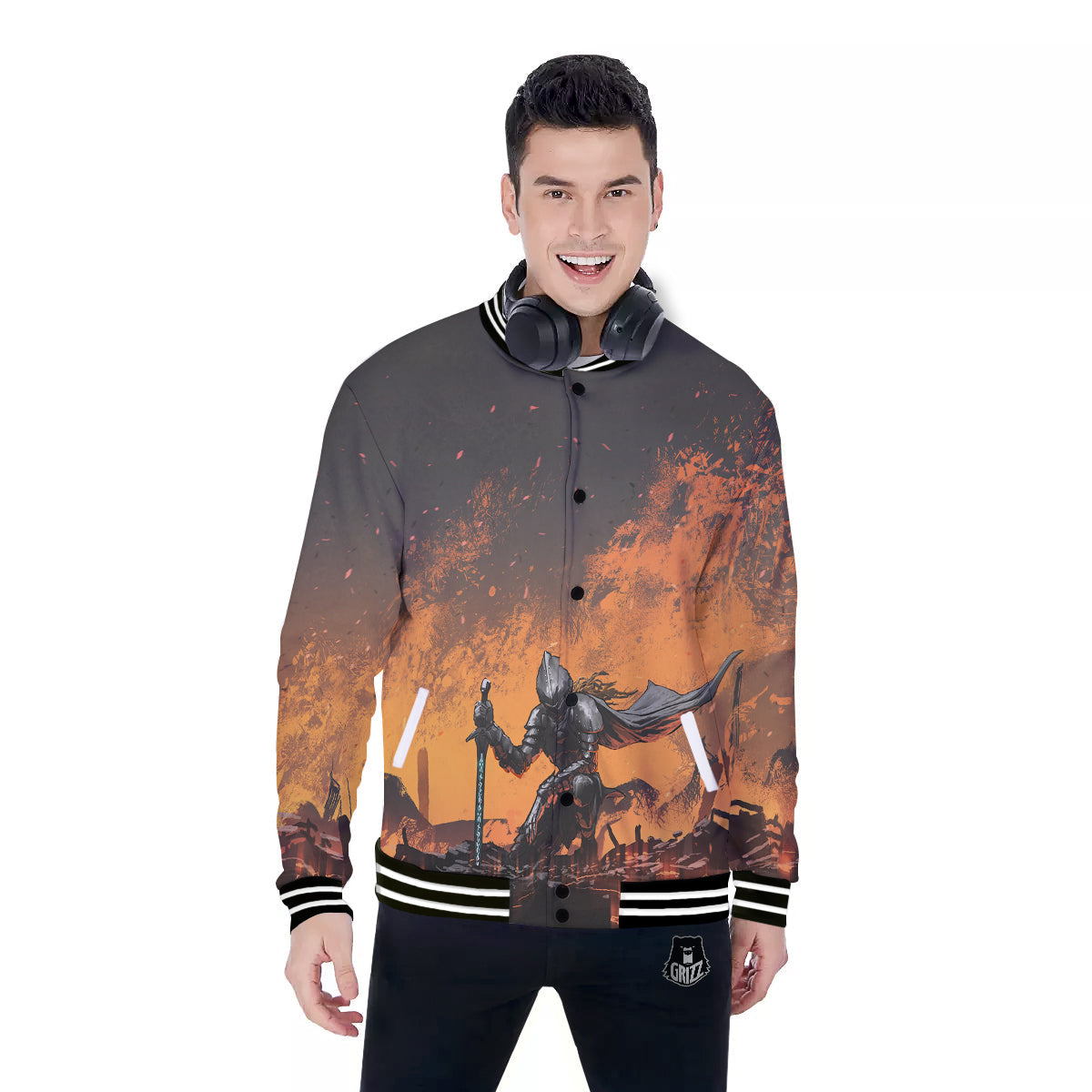Fantasy Knight On Fire Print Baseball Jacket-grizzshop