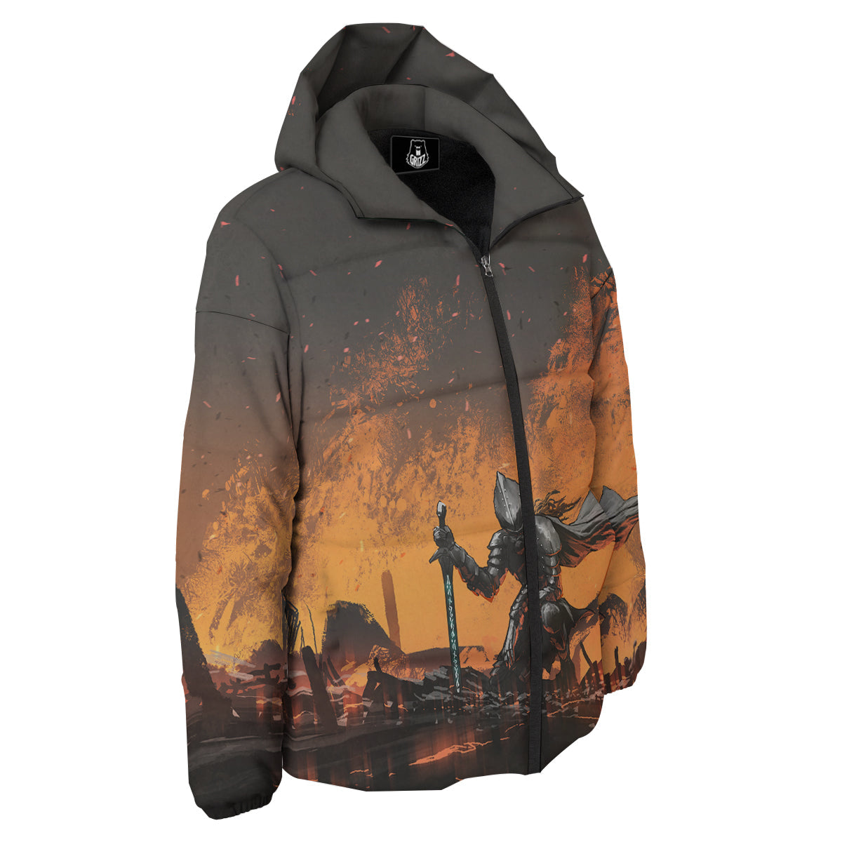 Fantasy Knight On Fire Print Down Jacket-grizzshop