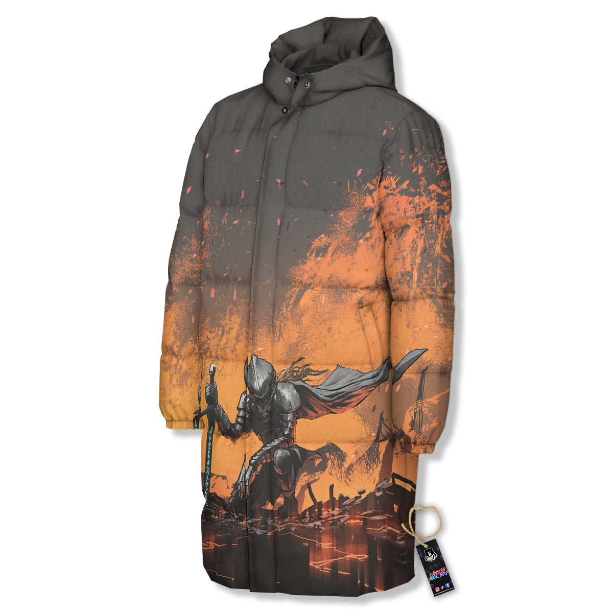 Fantasy Knight On Fire Print Long Down Jacket-grizzshop