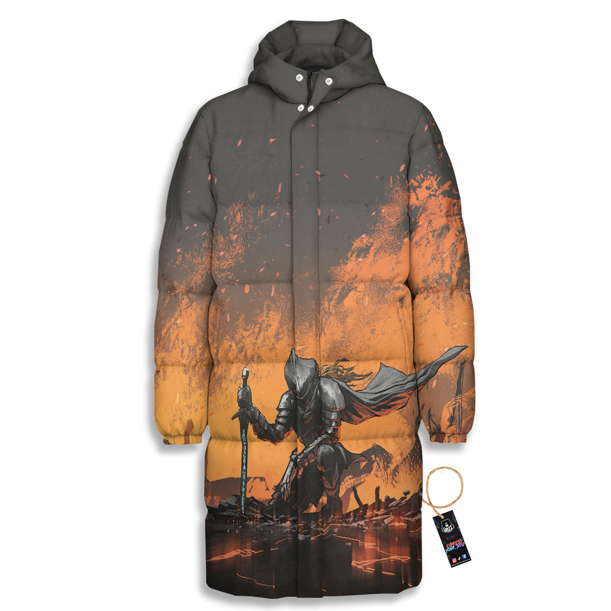 Fantasy Knight On Fire Print Long Down Jacket-grizzshop