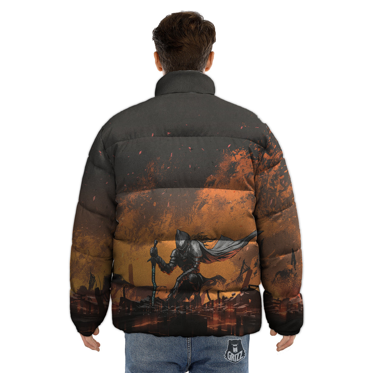 Fantasy Knight On Fire Print Puffer Jacket-grizzshop