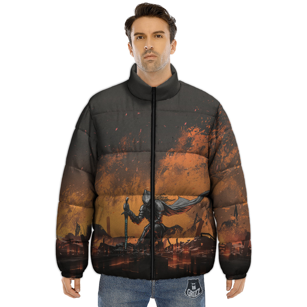 Fantasy Knight On Fire Print Puffer Jacket-grizzshop
