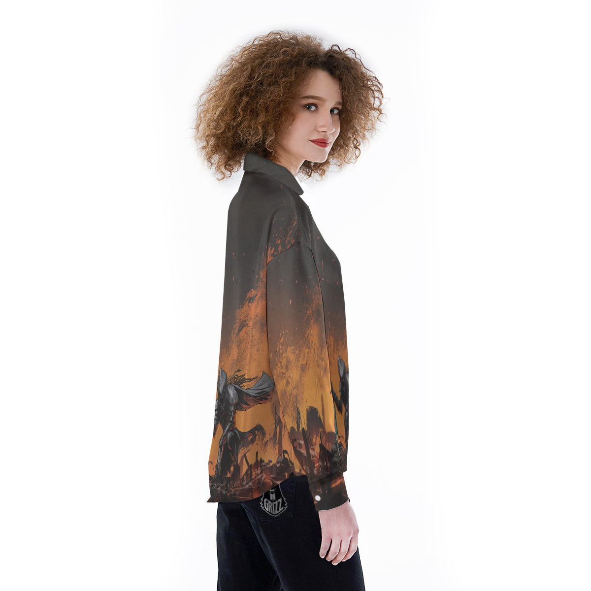 Fantasy Knight On Fire Print Women's Long Sleeve Shirts-grizzshop