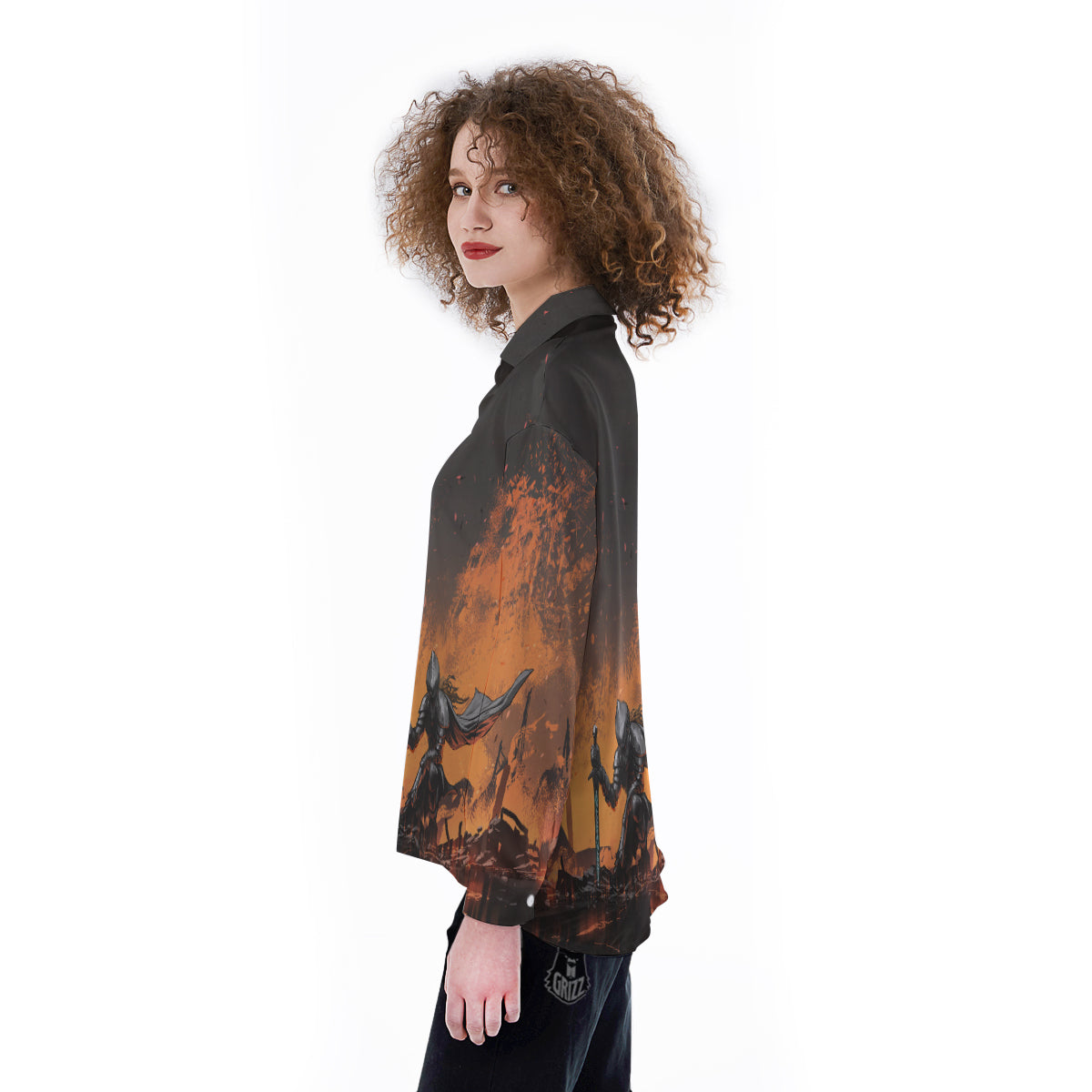Fantasy Knight On Fire Print Women's Long Sleeve Shirts-grizzshop