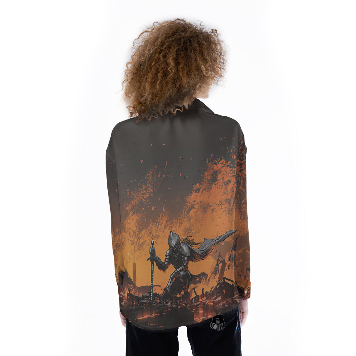 Fantasy Knight On Fire Print Women's Long Sleeve Shirts-grizzshop