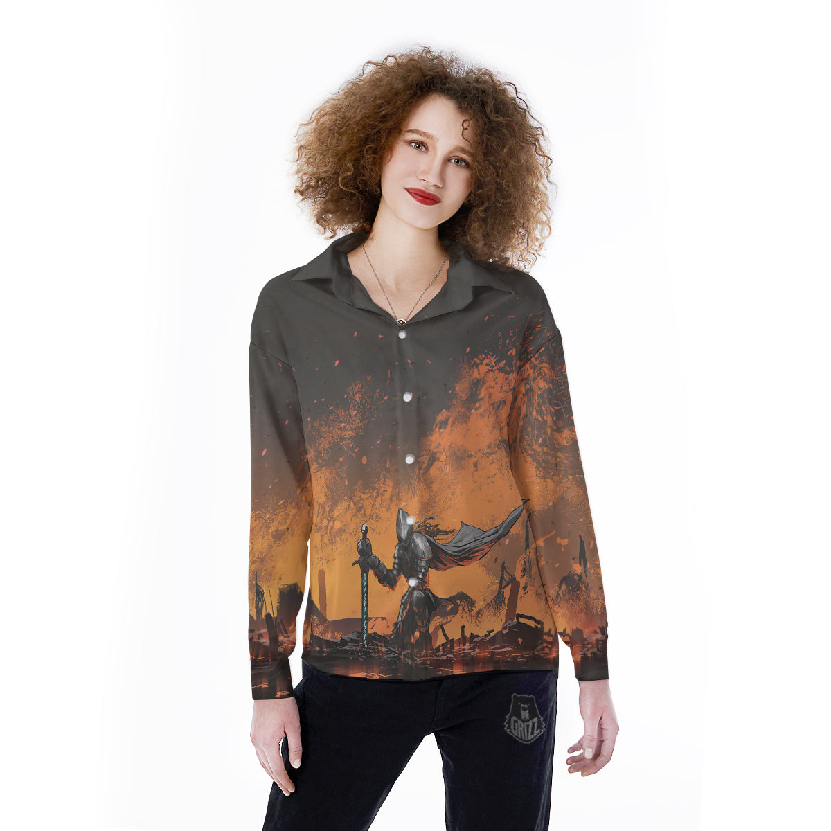 Fantasy Knight On Fire Print Women's Long Sleeve Shirts-grizzshop