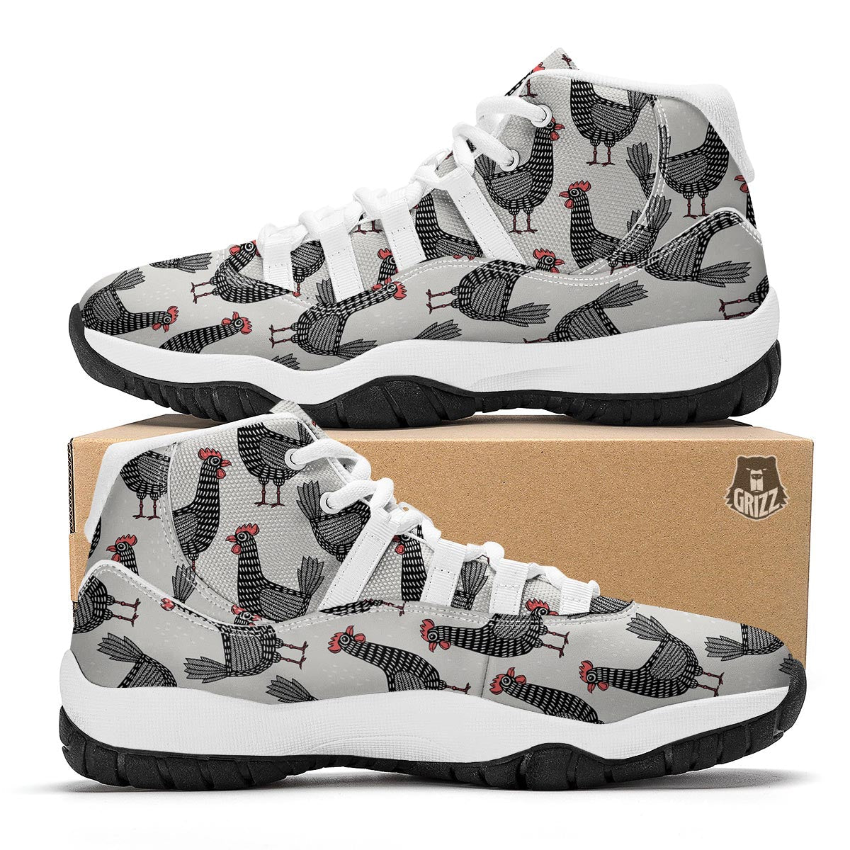 Farm Chicken Pattern Print White Bball Shoes-grizzshop