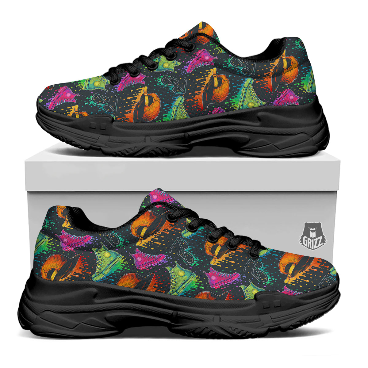 Fashion Colorful Print Pattern Black Chunky Shoes-grizzshop