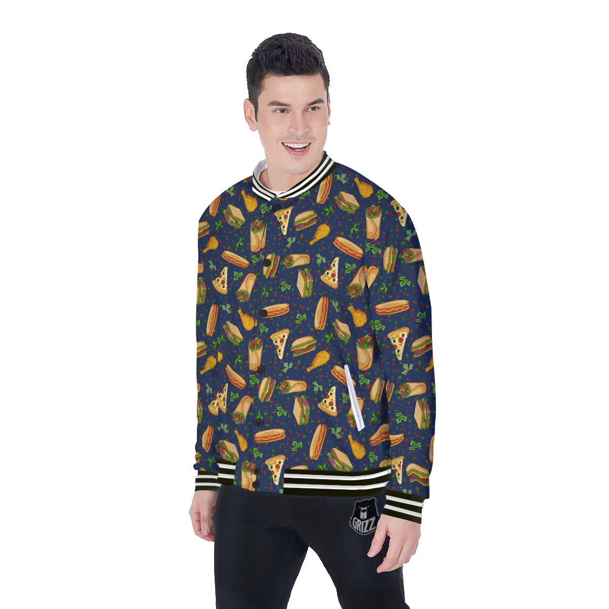 Fastfood Navy Doodle Print Pattern Baseball Jacket-grizzshop