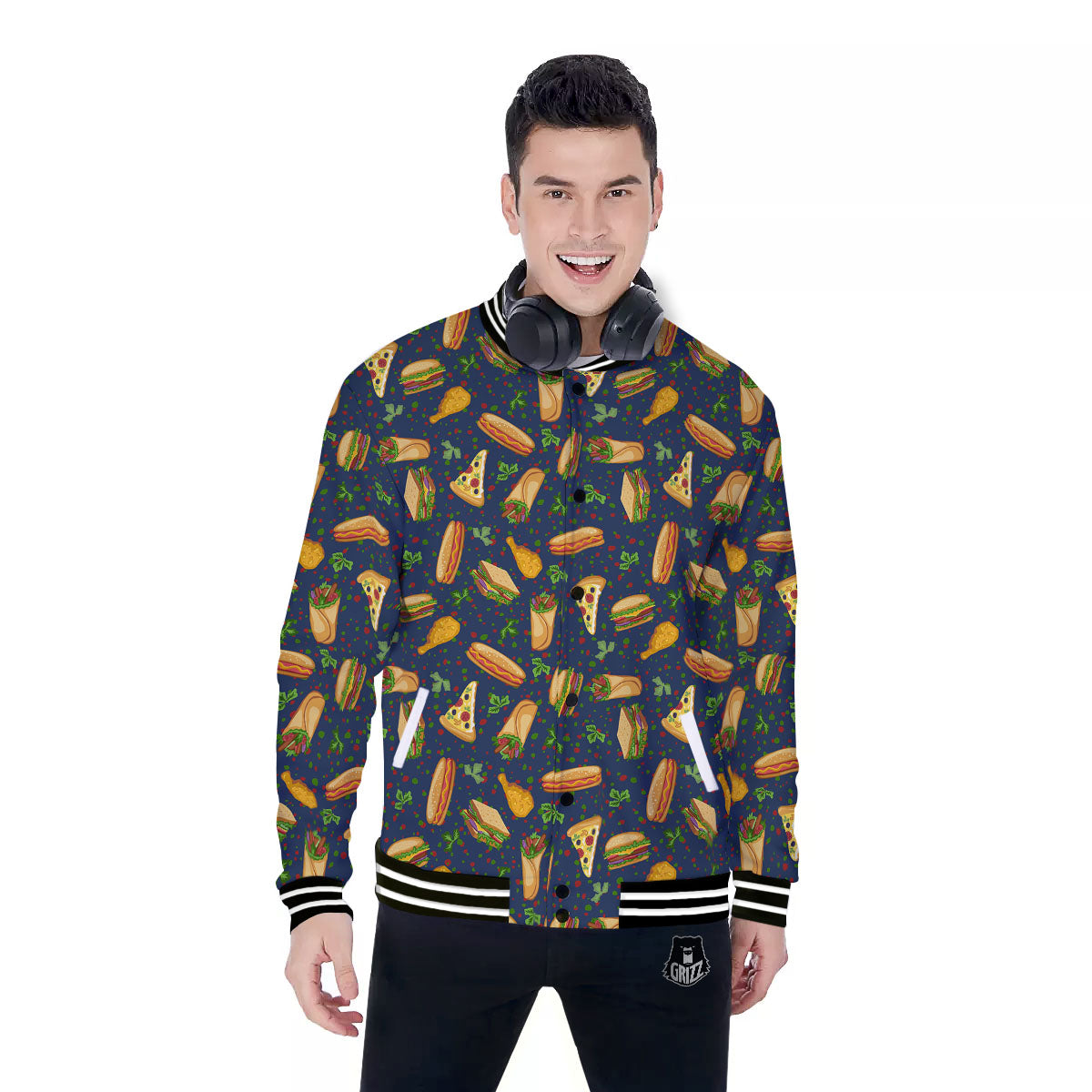 Fastfood Navy Doodle Print Pattern Baseball Jacket-grizzshop