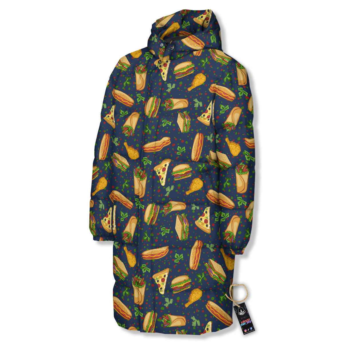 Fastfood Navy Doodle Print Pattern Long Down Jacket-grizzshop