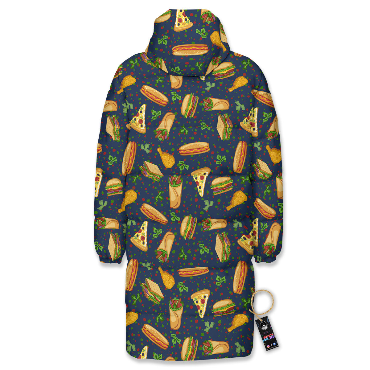 Fastfood Navy Doodle Print Pattern Long Down Jacket-grizzshop